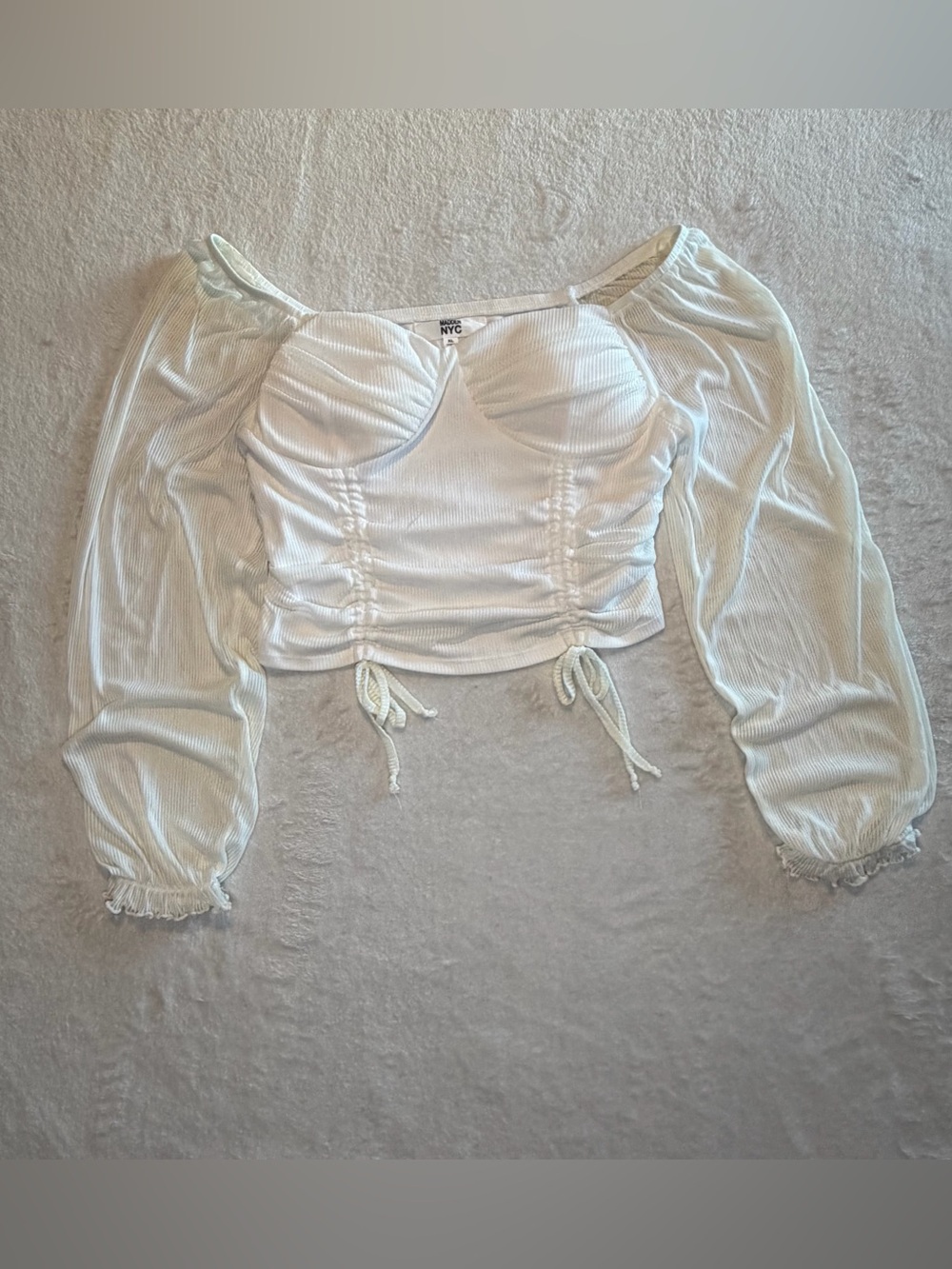 NYC White Ruched Bustier Crop Top with Sheer Puff Sleeves